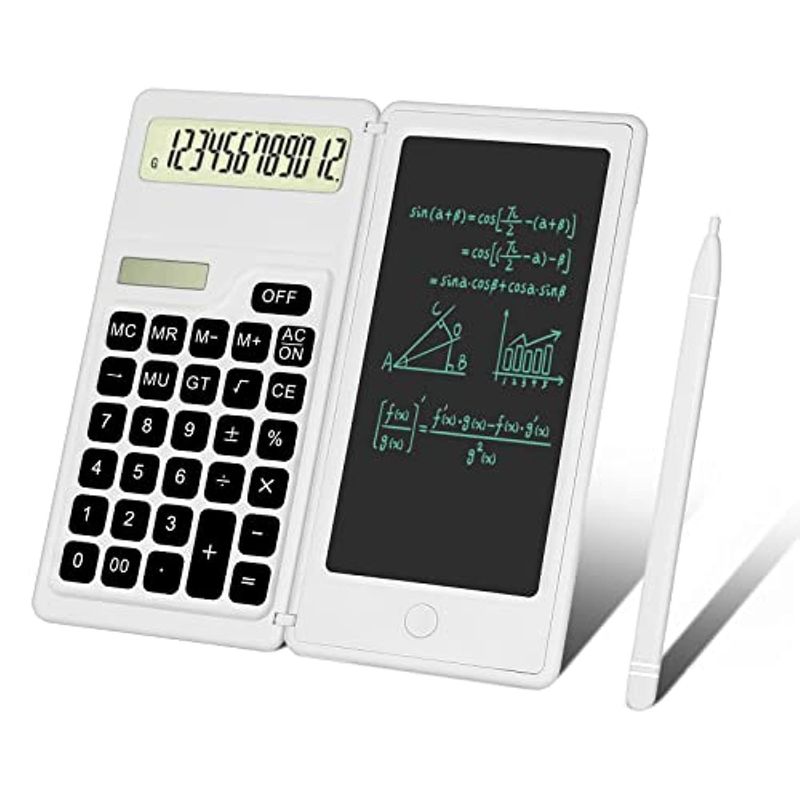 Solar-Powered LCD Writing Pad With Scientific Calculator - Foldable Dual-Function Design For Office, School & Business Gifts (White/Black)_voghion.com