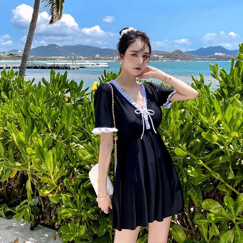 Swimsuit Women With Small Bust, One-Piece, Boxer Conservative, Tummy-Covering, Fresh Style, Suitable For Hot Springs,_voghion.com