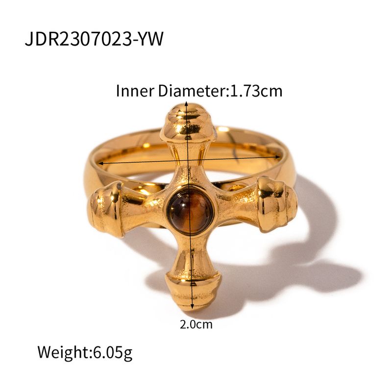 Nischen-INS-Stil vergoldetes Titan für Frauen, Edelstahl mit eingelegtem Steinkreuz, dünner Ring_voghion.com