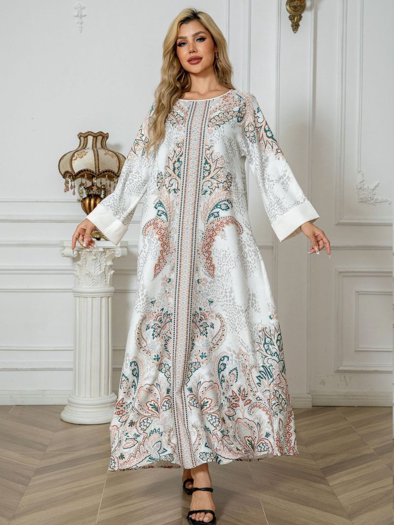 Damenbekleidung Naher Osten Muslimische Damenrobe Bedrucktes arabisches Kleid mit Diamantperlen_voghion.com