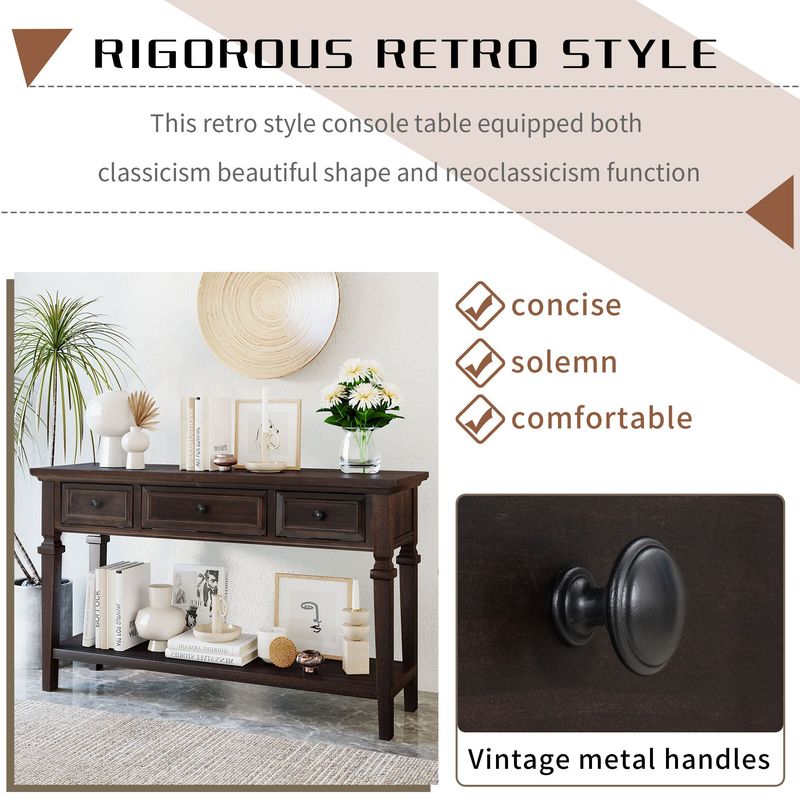 Classic Retro Style Console Table With Three Top Drawers And Open Style Bottom Shelf,Easy Assembly_voghion.com