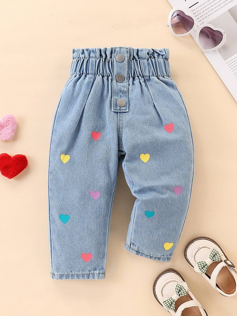 Baby Girls Light Blue Denim Washed Heart Print Cute Casual Simple Versatile Fabric Comfortable Elastic Waistband Denim Pants_voghion.com