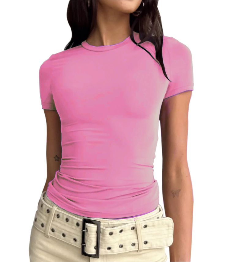Women's Casual Short Sleeved T Shirts Spring And Autumn Solid Color Slim Pullover T Shirts Women's Street Wear Bottoming Shirts Tops_voghion.com