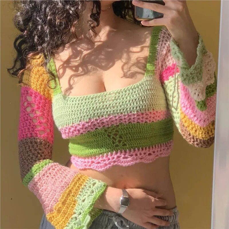 Maglione a righe colorate Colorblock Top a maniche lunghe fatto a mano Top corto da donna Top all'uncinetto con collo quadrato a maniche lunghe in maglia Streetwear_voghion.com