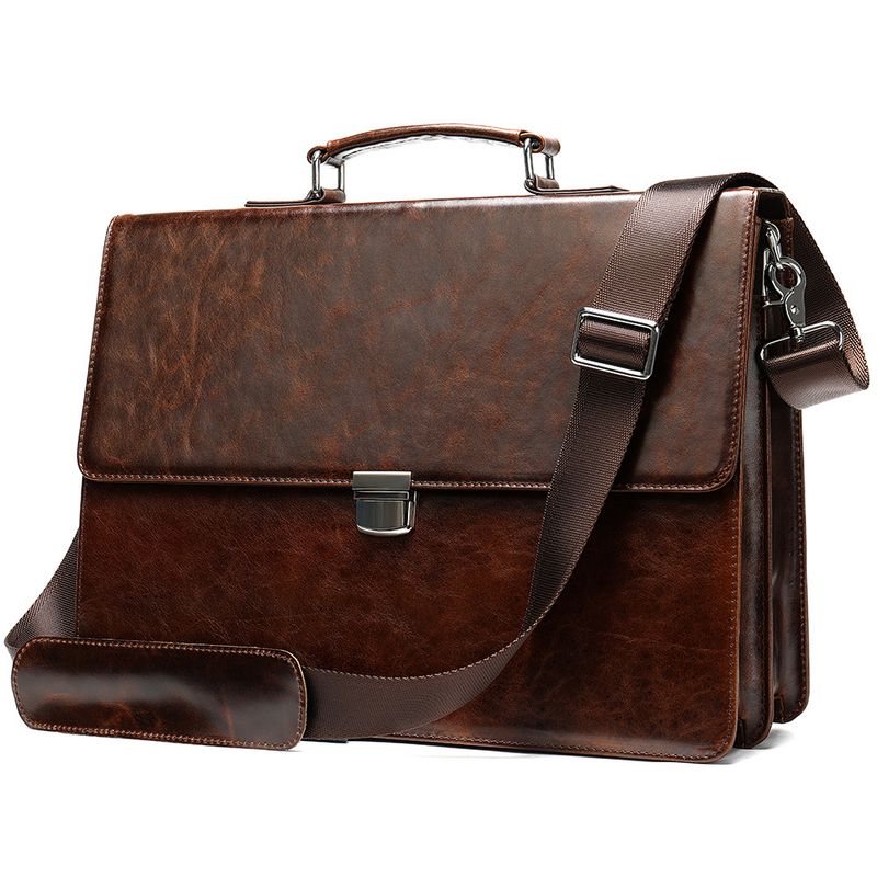 Genuine Leather Business Men's Portable Briefcase Retro Waxed Leather Messenger Bag Large Capacity Shoulder Messenger Briefcase Men_voghion.com
