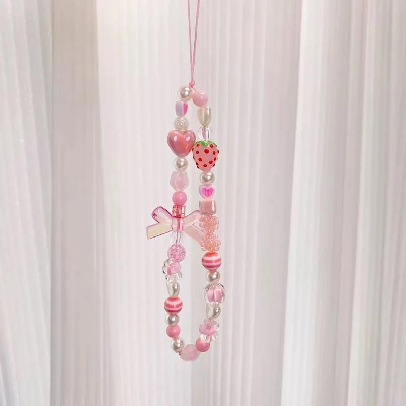 Cute Strawberr Phone Charms Strap Pink Cute Aesthetic Cute Adorable Love Phone Chain Girl Pearl Beaded Phone Lanyard Jewelry_voghion.com