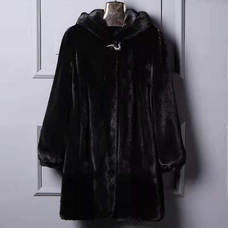 Cappotto in pelliccia sintetica di lusso per donna - Giacca invernale lunga con cappuccio e tasche, capospalla caldo di grandi dimensioni per uno stile elegante e casual (nero)_voghion.com