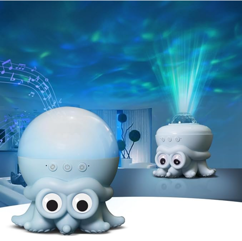 Lampa projekcyjna Octopus - podwójna funkcja - projektor i lampka nocna, zasilana przez USB, pilot zdalnego sterowania i timer, głośnik Bluetooth - z białym szumem_voghion.com