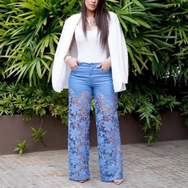 Women's Clothing Temperament Lace Splicing Casual Jeans_voghion.com