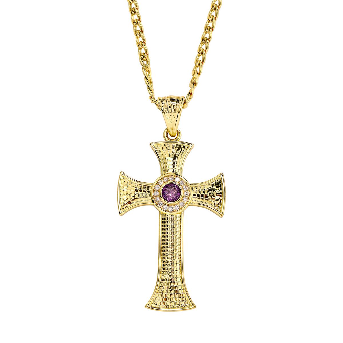 Elegante kruishangerketting met micro-pavé paarse zirkonia, verguld messing, gedraaide ketting voor dames, Temperament titanium stalen gedraaide ketting_voghion.com