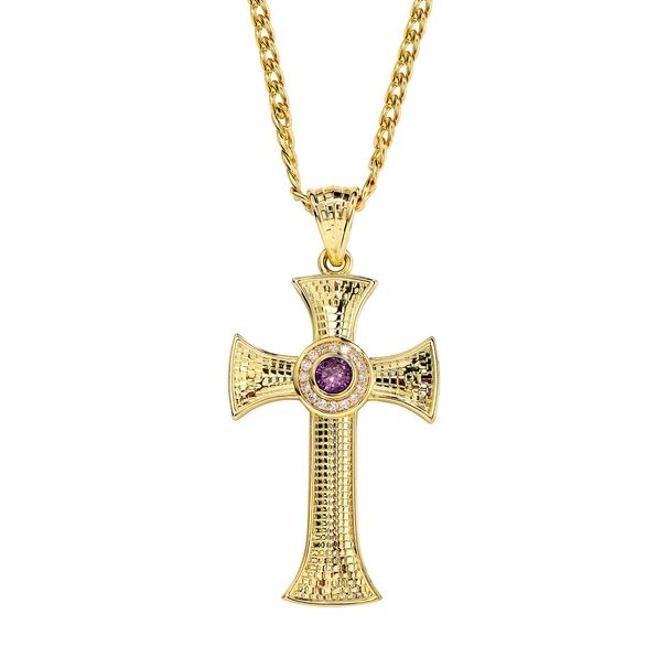 Elegante kruishangerketting met micro-pavé paarse zirkonia, verguld messing, gedraaide ketting voor dames, Temperament titanium stalen gedraaide ketting_voghion.com