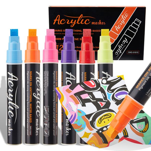 12-Color Jumbo Acrylic Paint Markers, 10mm Chisel Tip For Posters, Wall Art, DIY Crafts, Quick-Dry & Vibrant Colors, Ideal For Students & Artists_voghion.com