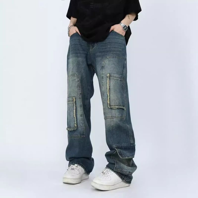 Herrenbekleidung Multi Pocket Jeans High Street Design Gerade Arbeitskleidung Retro Lose Hose_voghion.com