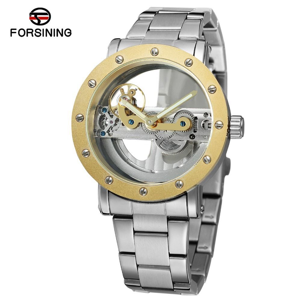 FORSINING Herren-Armbanduhr, doppelseitig, hohl, wasserdicht, Stahlband, mechanische Uhr, Einzelbrücke, leuchtende Nadel, Gürteluhr_voghion.com