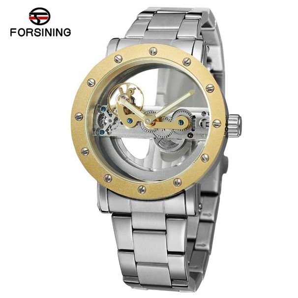 FORSINING Herren-Armbanduhr, doppelseitig, hohl, wasserdicht, Stahlband, mechanische Uhr, Einzelbrücke, leuchtende Nadel, Gürteluhr_voghion.com