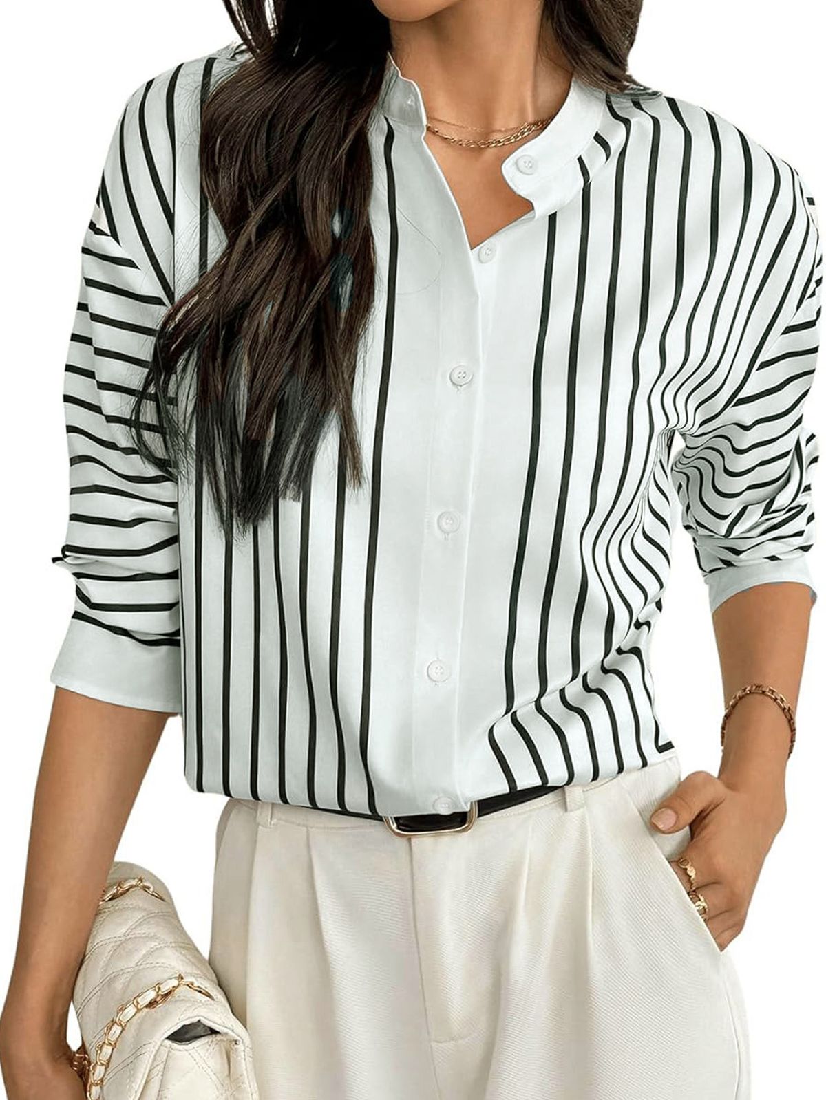 Camicia a righe con bottoni da donna - Camicetta con stampa digitale a contrasto (camicia da ufficio a maniche lunghe, tessuto leggero, top casual alla moda)_voghion.com