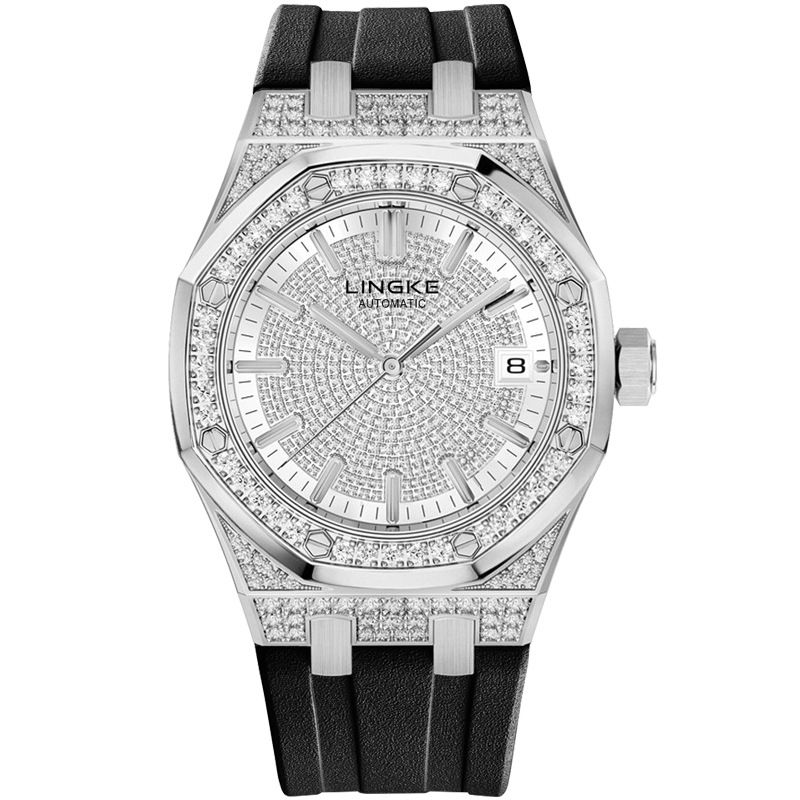 Automatische mechanische Herrenuhr mit Edelstahlgehäuse, Diamantakzenten, Saphirglas, Silikonarmband und Datumsfunktion_voghion.com