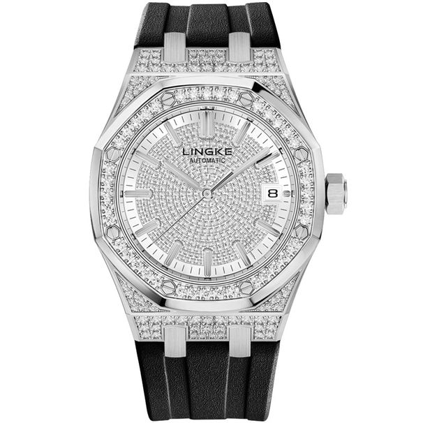 Automatische mechanische Herrenuhr mit Edelstahlgehäuse, Diamantakzenten, Saphirglas, Silikonarmband und Datumsfunktion_voghion.com