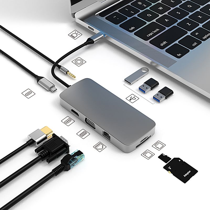 10 in 1 USB-C / Type-C to RJ45 + VGA + HDMI + 3.5mm AUX + SD / TF Card Slot + PD USB-C / Type-C + USB 3.0 + 2 USB 2.0 Ports Docking Station HUB_voghion.com