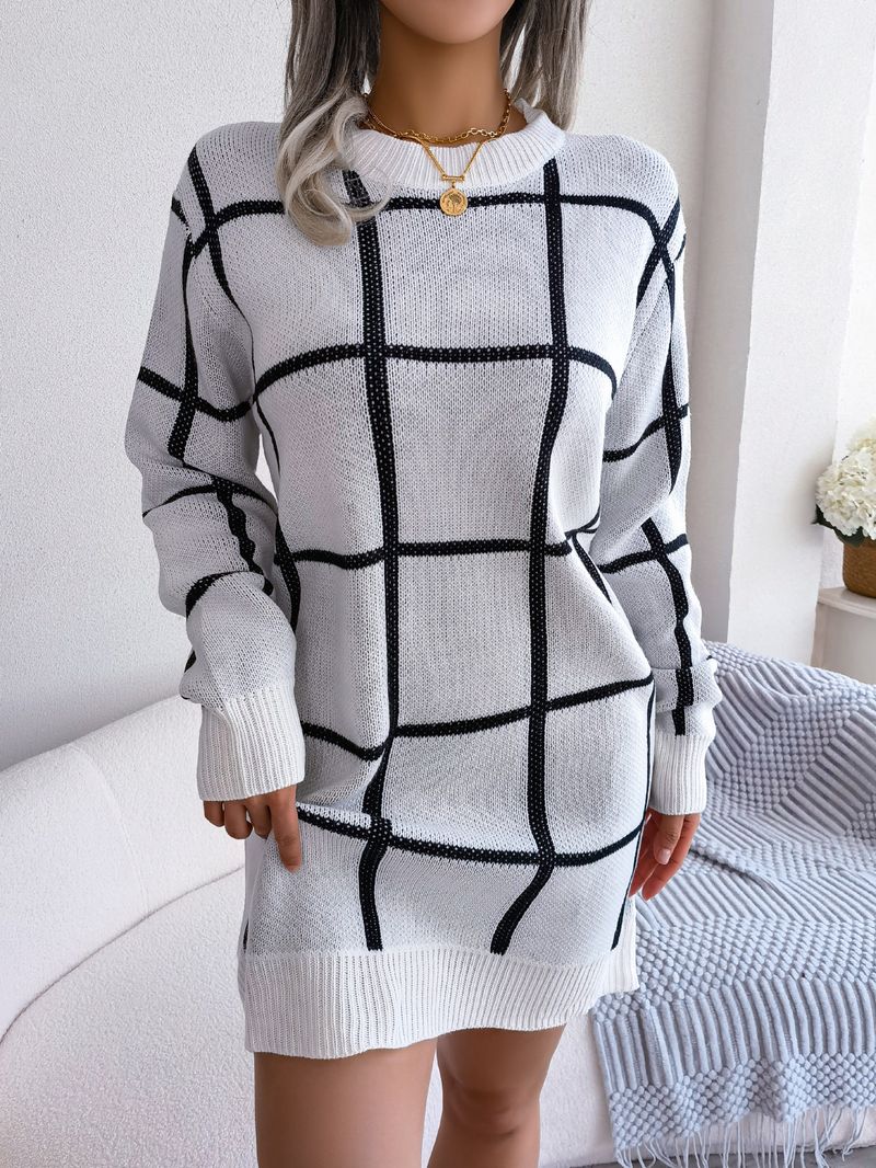 Womens Crew Neck Long Sleeve Knit Fall Winter Dress Plaid Shift Sweater Dresses Casual Slim Warm Elegant Dress Without Belt_voghion.com