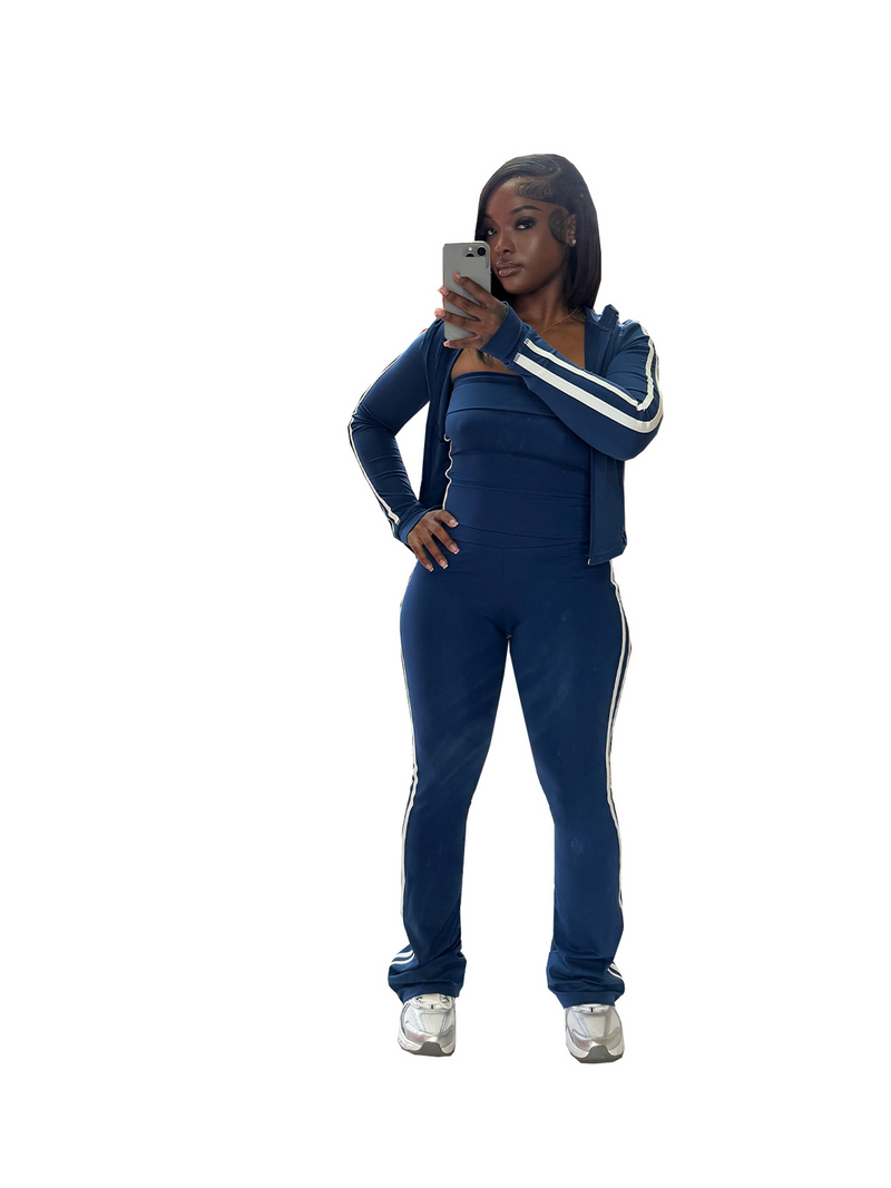 Vêtements pour femmes, vêtements de yoga rayés, veste zippée à manches longues, haut tubulaire, ensemble de sport trois pièces_voghion.com
