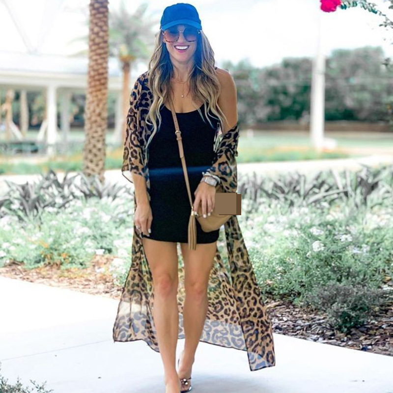Sexy Leopard Print Chiffon Beach Cover Up - Long Sleeve Sun Protection Kimono Wrap For Women, Bikini Swimwear Outerwear, Lightweight Summer Cardigan_voghion.com