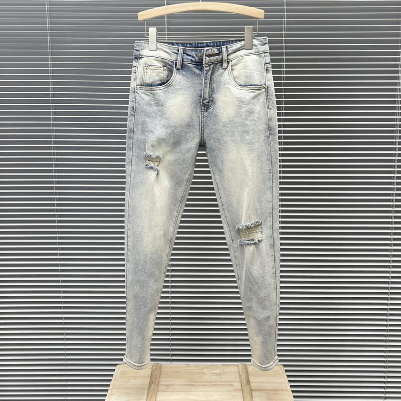 Men's Fashion All-Match Light Blue Ripped Jeans Men's Style Slim-Fit Skinny Pants Washed Elastic Nine-Point Pants_voghion.com
