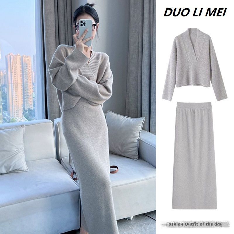 Set due pezzi di maglione e gonna lavorati a maglia di alta qualità, stile coreano, autunno inverno, serie Gentle Salt, leggero e maturo, per_voghion.com