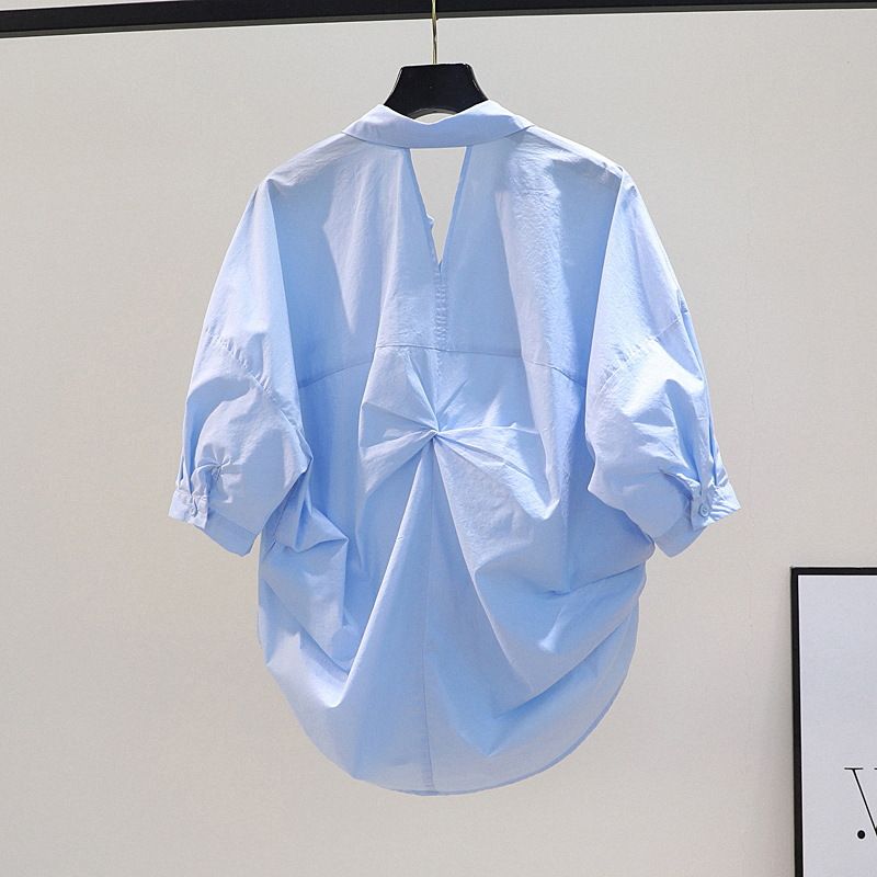 [Coton et lin] Chemise dos nu ajourée et torsadée pour femme, haut d'été fendu dans le dos, haut ample à manches courtes et plissé_voghion.com