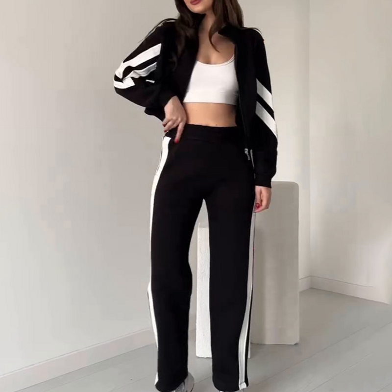 women's clothing new fashion casual sports contrast color striped sweater suit pants_voghion.com