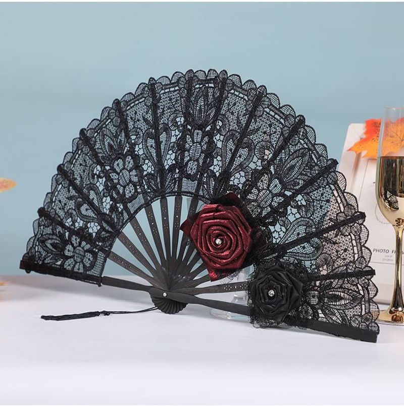 Halloween Black Lace Fan, Halloween Party Red Rose Decorative Fan, Festival Banquet Performance Retro Prop Fan_voghion.com