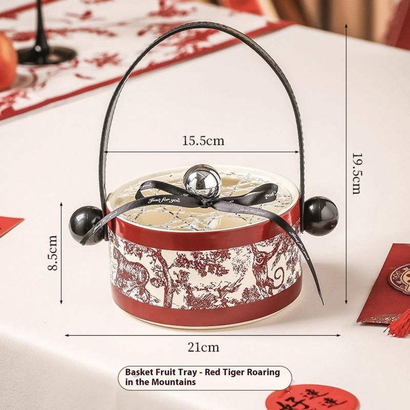 Ceramic Fruit Basket With Acrylic Lid & Leather Handle – Modern Snack Tray For Coffee Table, Kitchen Counter, And Dining Decor_voghion.com