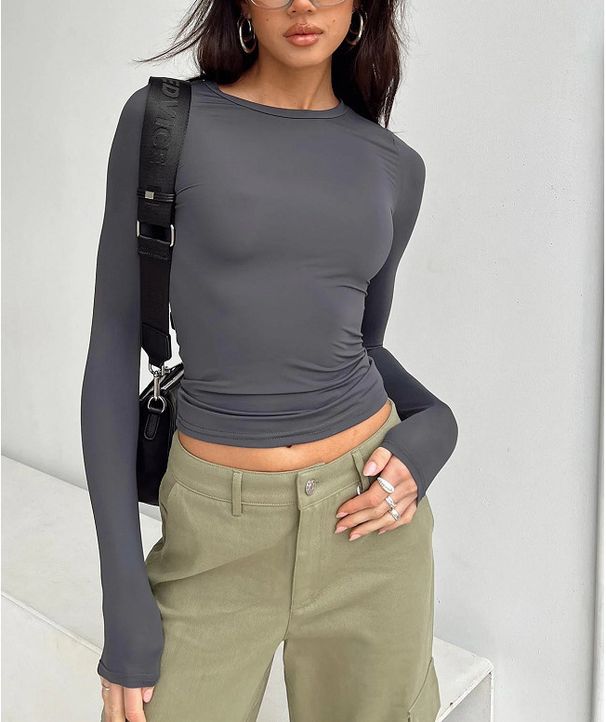 Melkzijde effen ronde hals lange mouw basisshirt_voghion.com