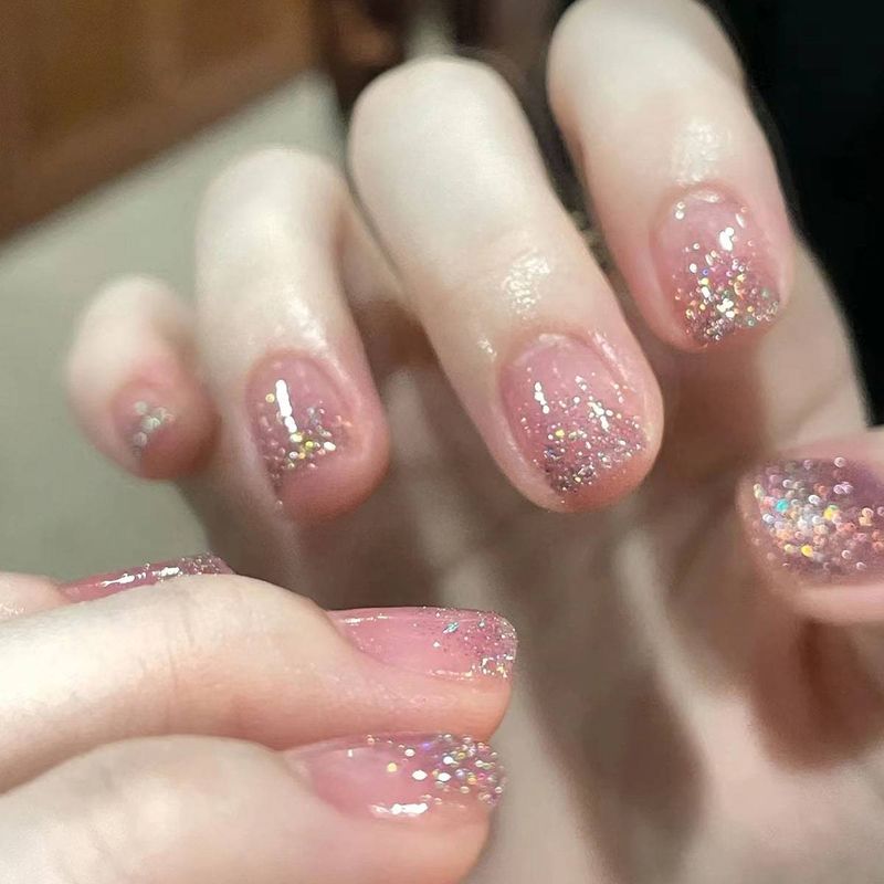 24 pieces of short square glitter gradient glitter pink glitter for hot girls wearing nail and nail art pieces&1 rubbing strip&1 jelly gel_voghion.com