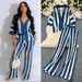 Abbigliamento da donna Commercio estero donna estate scollo a V cardigan lavorato a maglia largo top + pantaloni a gamba larga vestito colore abbinato a righe vestito cavo_voghion.com