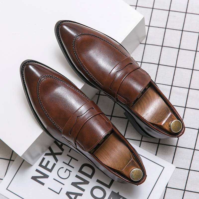 New Fashion Men's British Black Business Casual Loafer Shoes Daily Driving Office Leather Shoes One Foot Pedal Lazy Brown Banquet Dress Wedding Men's_voghion.com