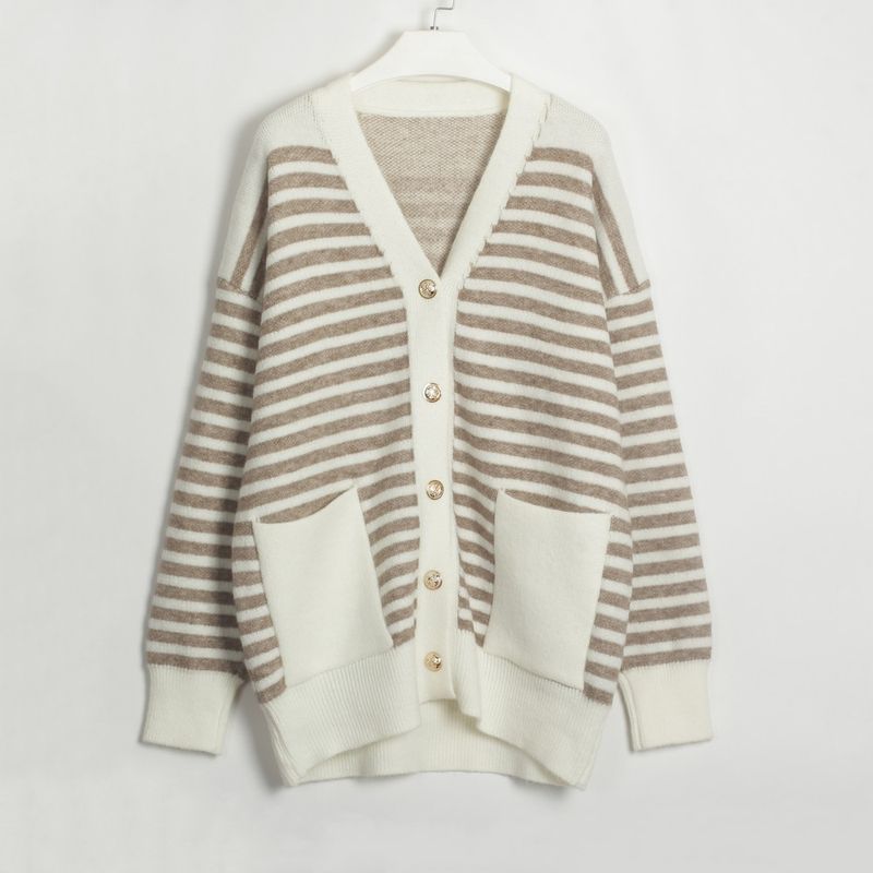 Cardigan a righe da donna semplice maglione da strada alla moda_voghion.com