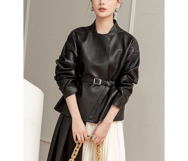 Îmbrăcăminte de damă jachetă de piele retro de modă scurtă de primăvară și toamnă jachetă de piele de dimensiuni mici, subțire și elegantă._voghion.com