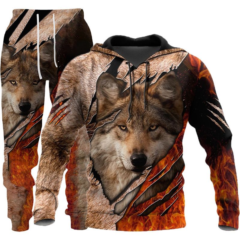 Nouveau Automne et hiver hommes pull tête de loup 3D imprimé pull à capuche ensemble 2 pièces_voghion.com