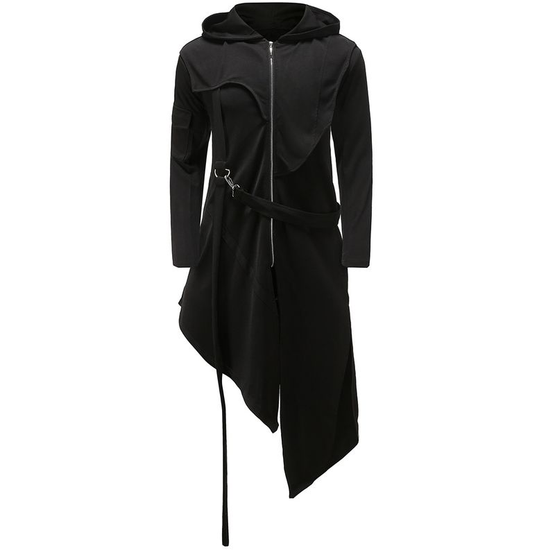 Herrenbekleidung Mittellanger Trenchcoat Herrenmantel mit unregelmäßigem Reißverschluss und Kapuze_voghion.com