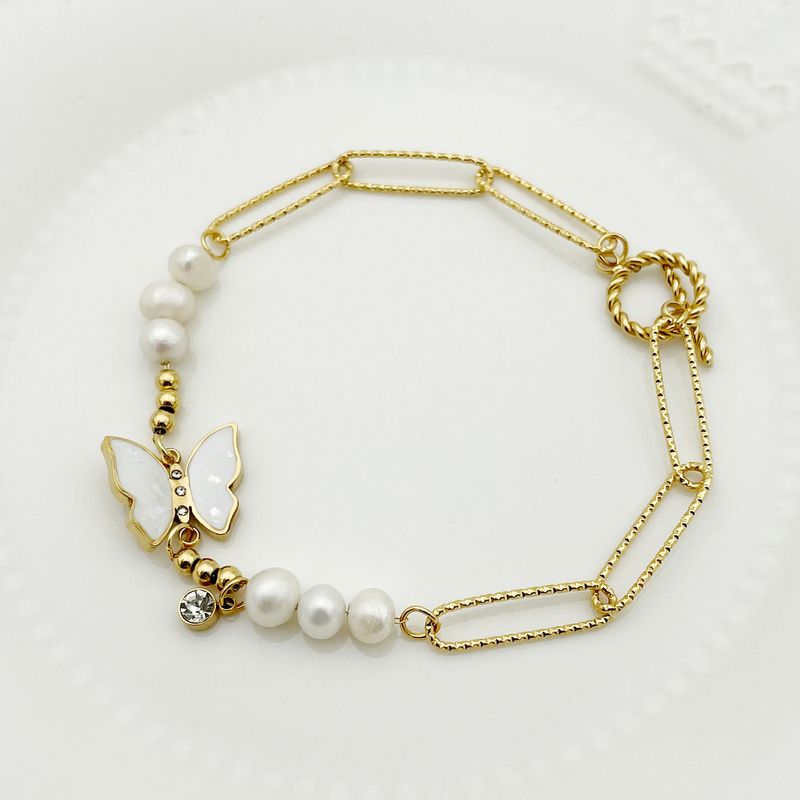Bracciale con ciondolo a farfalla, perline in oro e zirconi, semplice, in acciaio al titanio, perle d'acqua dolce, alla moda, per le donne_voghion.com