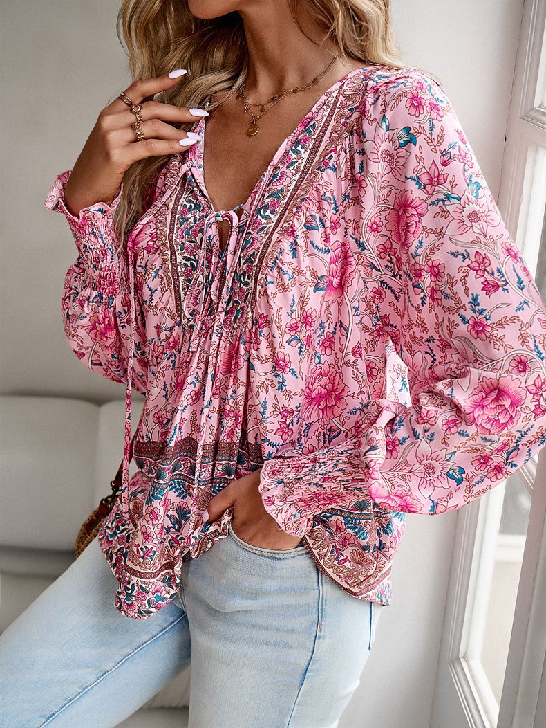 Camicia stampata per donna, elegante, autunnale, con scollo a V e maniche lunghe_voghion.com