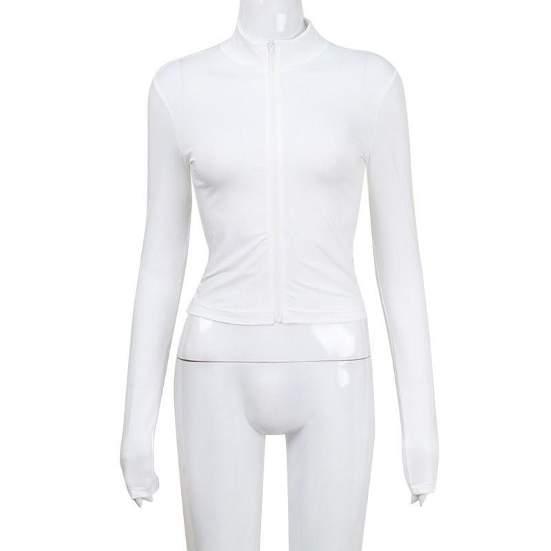 KP10315 Cardigan attillato a maniche lunghe alla moda da donna con cerniera, maglietta versatile di base_voghion.com