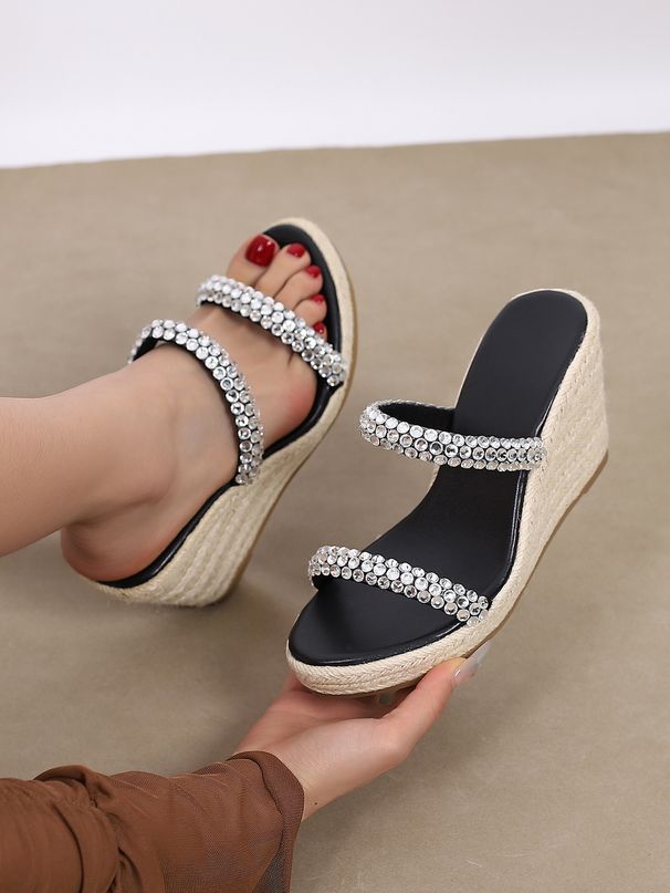 Γυναικεία Παπούτσια Καλοκαιρινά, Ψηλοτάκουνα, Σανδάλια με Στρας, Ψάθινο Σλιπ με Υφασμάτινο Σχοινί, Γιορτινά Γυναικεία Παπούτσια_voghion.com