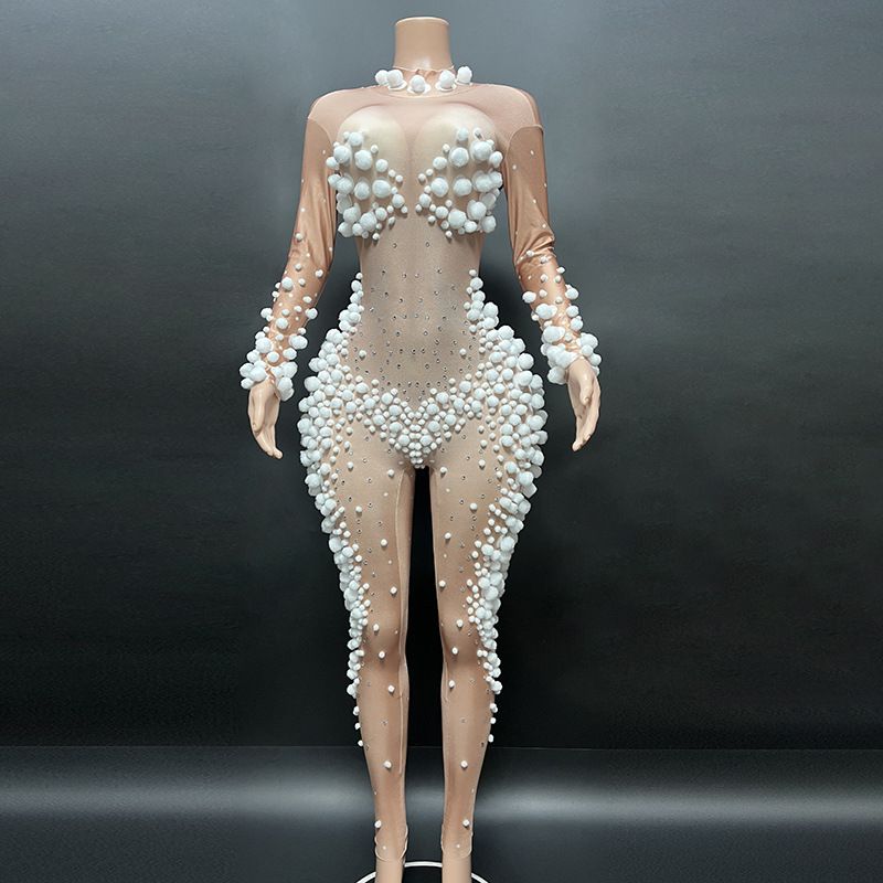 Novovan's apricot colored ball embellished with sexy slim fit long sleeved round neck jumpsuit for parties and outings_voghion.com