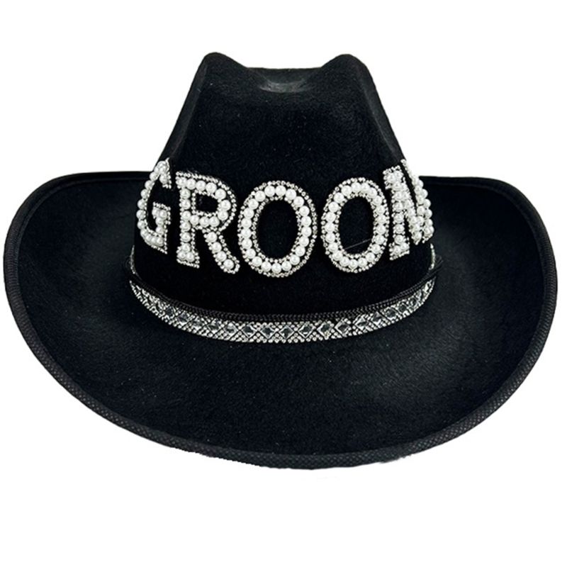 Hot Sale WideBrims Cowboy ArtificialPearl Bride Bridegroom Hat Bachelorettes Headwear_voghion.com