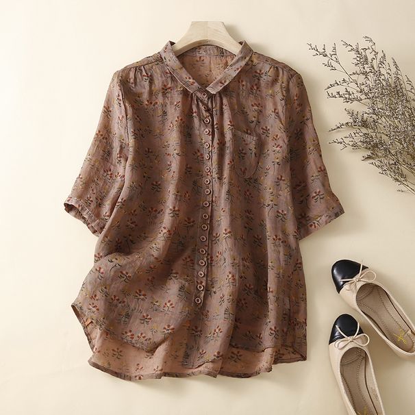 Dammönstrad ramiskjorta, lös, mittärmad, blommig, tunn skjortkofta för kvinnor_voghion.com