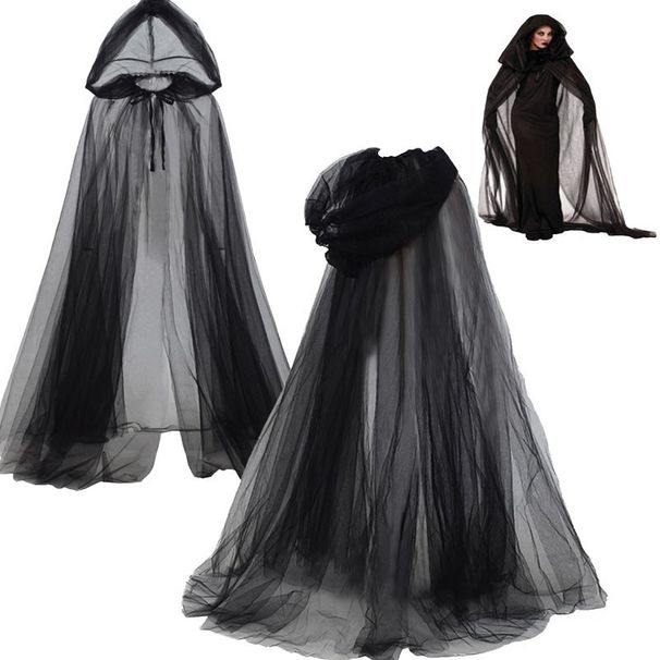 Halloween Cosplay Geeschterroll Kapuzenmantel, Grim Reaper Hexenmantel mat Netz laanger Mantel, Ball Performance Kostüm_voghion.com