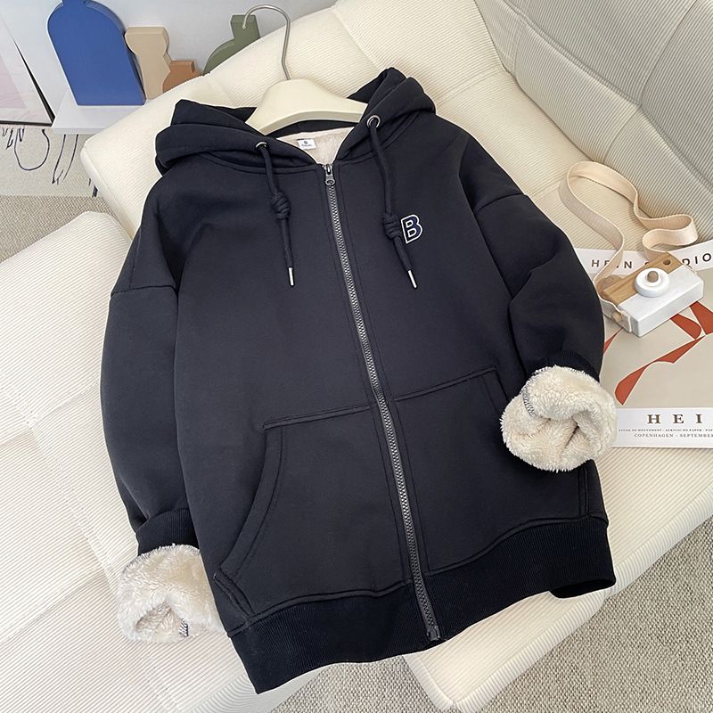 Dameskleding Pluche en verdikte capuchon lamsfleece trui voor dames Herfst en winter Koppels Losse warme lange mouwen vest Ritsjack_voghion.com