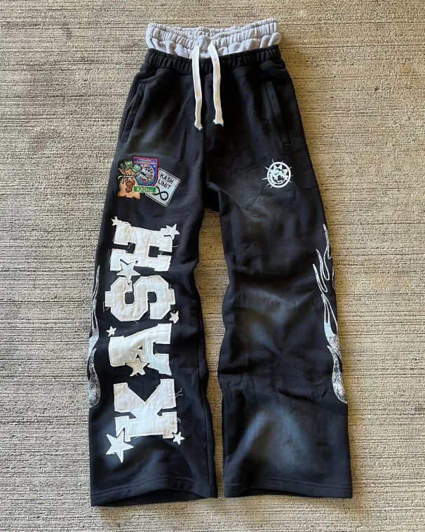 American Sweatpants Y2K Hose Herren Gothic Hip Hop Letter Patch Retro Doppellagiges Design Baggy Elastische Taille Jogging Freizeithose_voghion.com